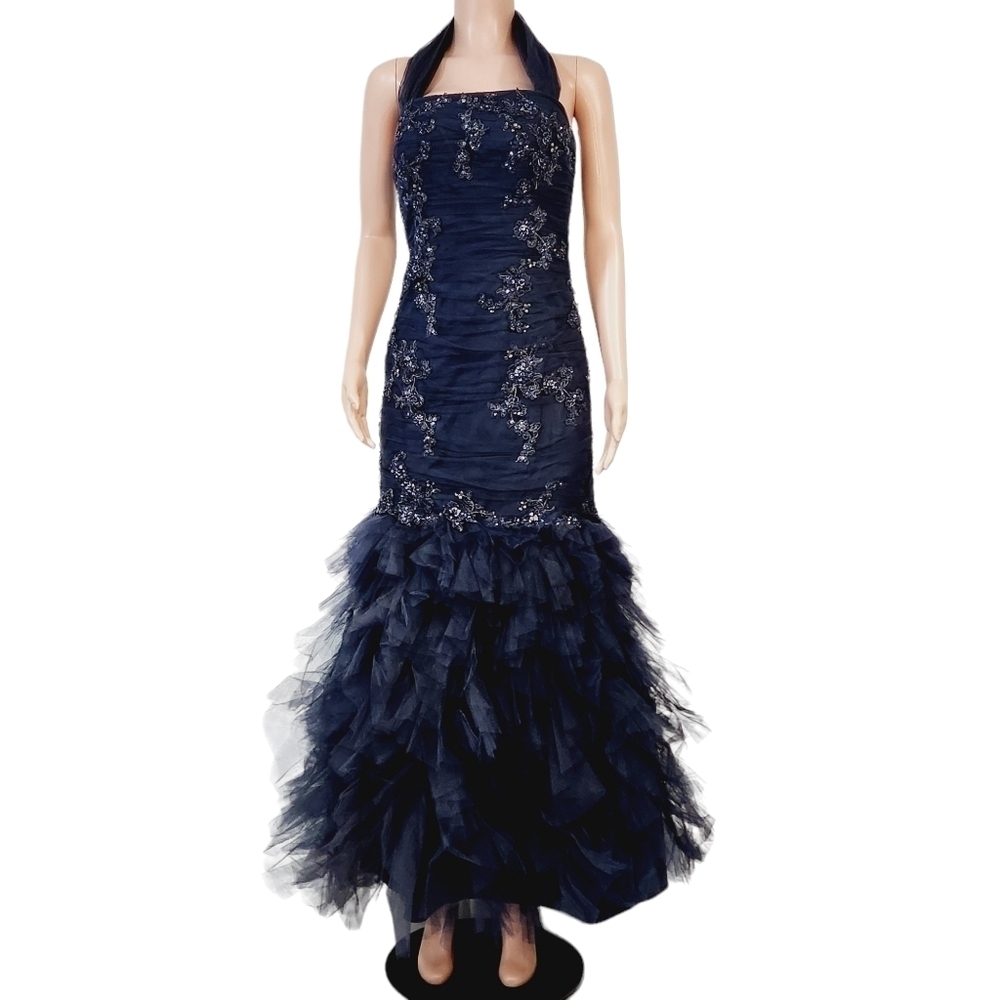Camille La Vie Blue Beaded Corset Mermaid Formal Gala Dress Size 8